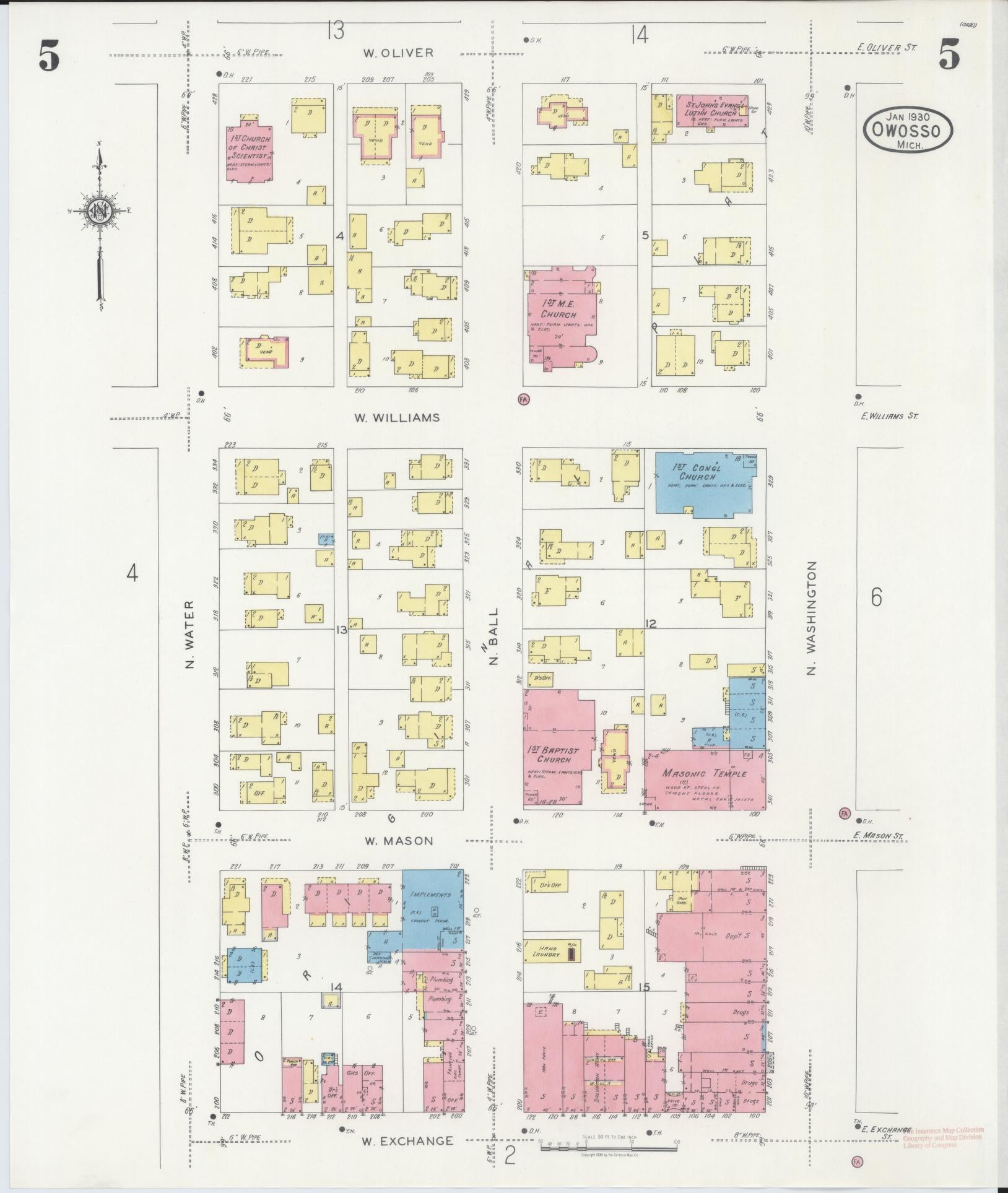 Sanborn Fire Insurance Map from Owosso, Shiawassee County, Michigan (1930), Sheet #0005 - Historic Sanborn Fire Insurance Map Print, vintage old map wall art, antique decor, genealogy gift, Michigan Michigan map