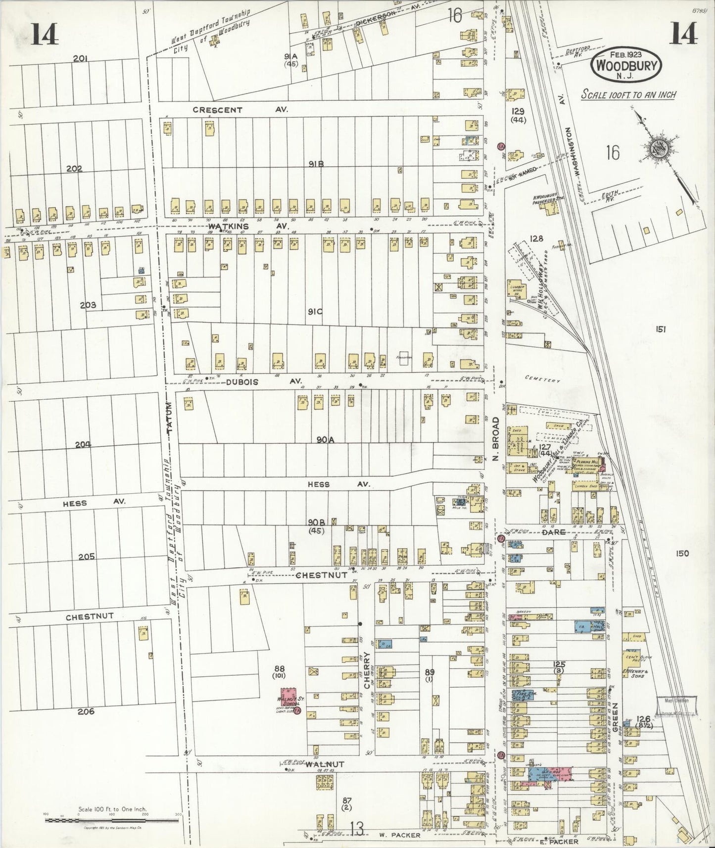 Sanborn Fire Insurance Map from Woodbury, Gloucester County, New Jersey (1923), Sheet #0014 - Historic Sanborn Fire Insurance Map Print, vintage old map wall art, antique decor, genealogy gift, New Jersey New Jersey map