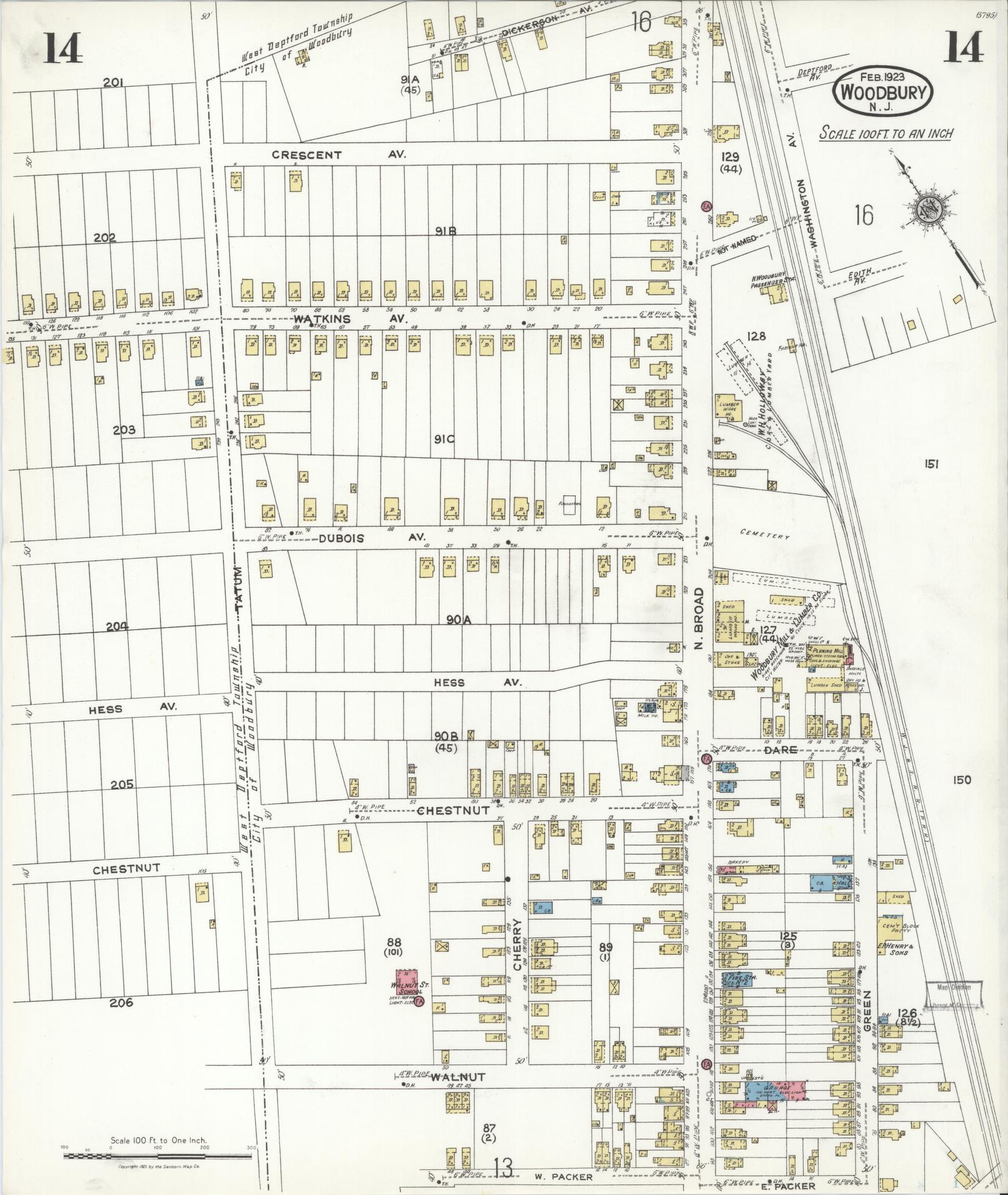 Sanborn Fire Insurance Map from Woodbury, Gloucester County, New Jersey (1923), Sheet #0014 - Historic Sanborn Fire Insurance Map Print, vintage old map wall art, antique decor, genealogy gift, New Jersey New Jersey map