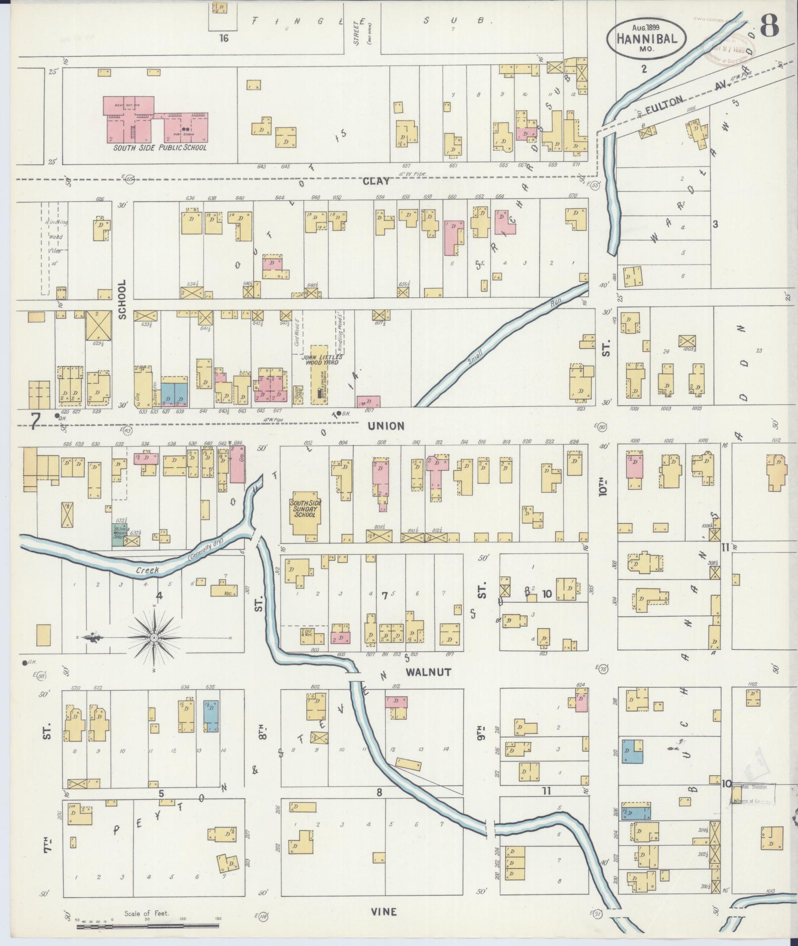 Sanborn Fire Insurance Map from Hannibal, Marion County, Missouri (1899), Sheet #0008 - Historic Sanborn Fire Insurance Map Print, vintage old map wall art, antique decor, genealogy gift, Missouri Missouri map