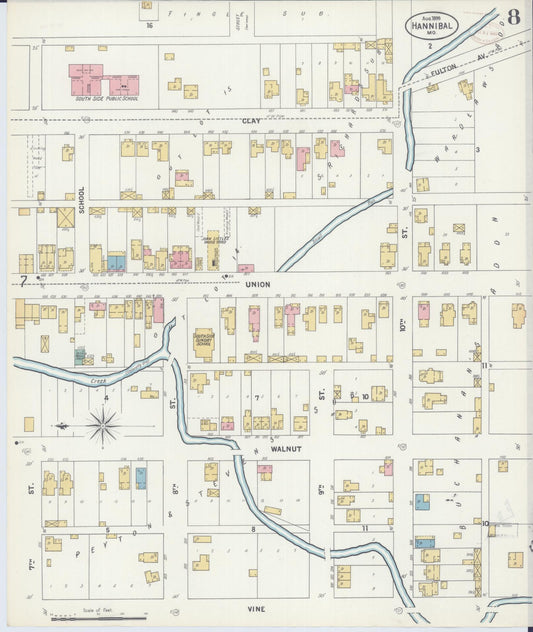 Sanborn Fire Insurance Map from Hannibal, Marion County, Missouri (1899), Sheet #0008 - Historic Sanborn Fire Insurance Map Print, vintage old map wall art, antique decor, genealogy gift, Missouri Missouri map