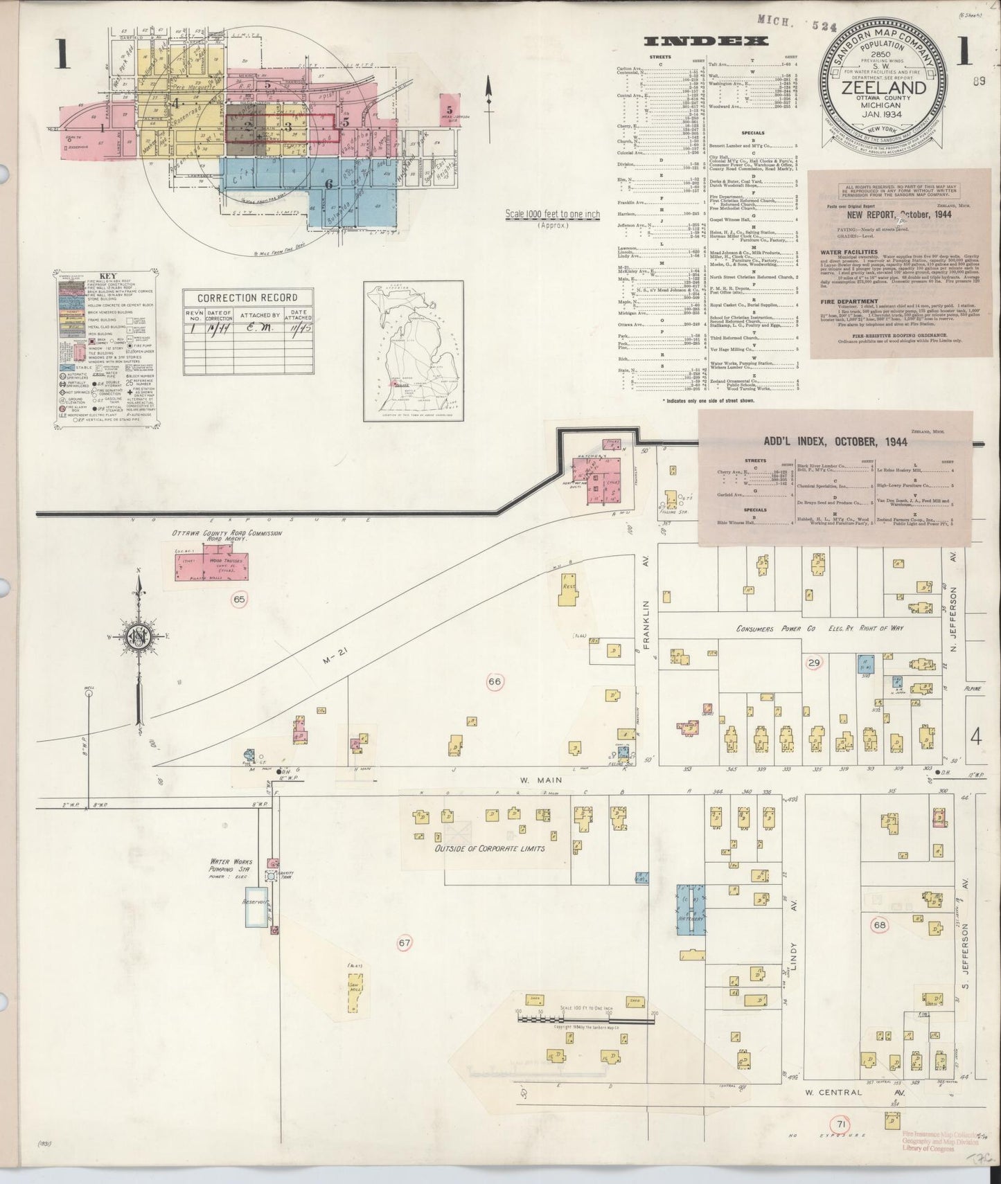 Sanborn Fire Insurance Map from Zeeland, Ottawa County, Michigan (1944), Sheet #0001 - Historic Sanborn Fire Insurance Map Print, vintage old map wall art, antique decor, genealogy gift, Michigan Michigan map