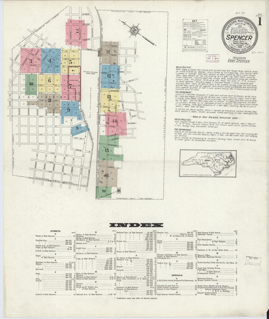 Sanborn Fire Insurance Map from Spencer, Rowan County, North Carolina (1913), Sheet #0001 - Historic Sanborn Fire Insurance Map Print, vintage old map wall art, antique decor, genealogy gift, North Carolina North Carolina map