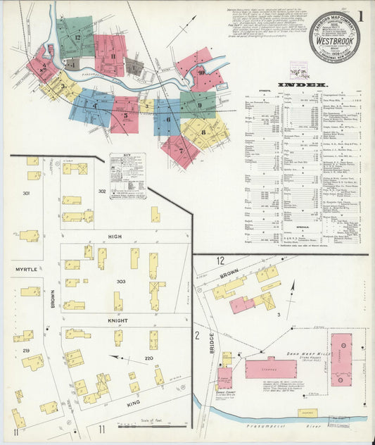 Sanborn Fire Insurance Map from Westbrook, Cumberland County, Maine (1909), Sheet #0001 - Historic Sanborn Fire Insurance Map Print, vintage old map wall art, antique decor, genealogy gift, Maine Maine map