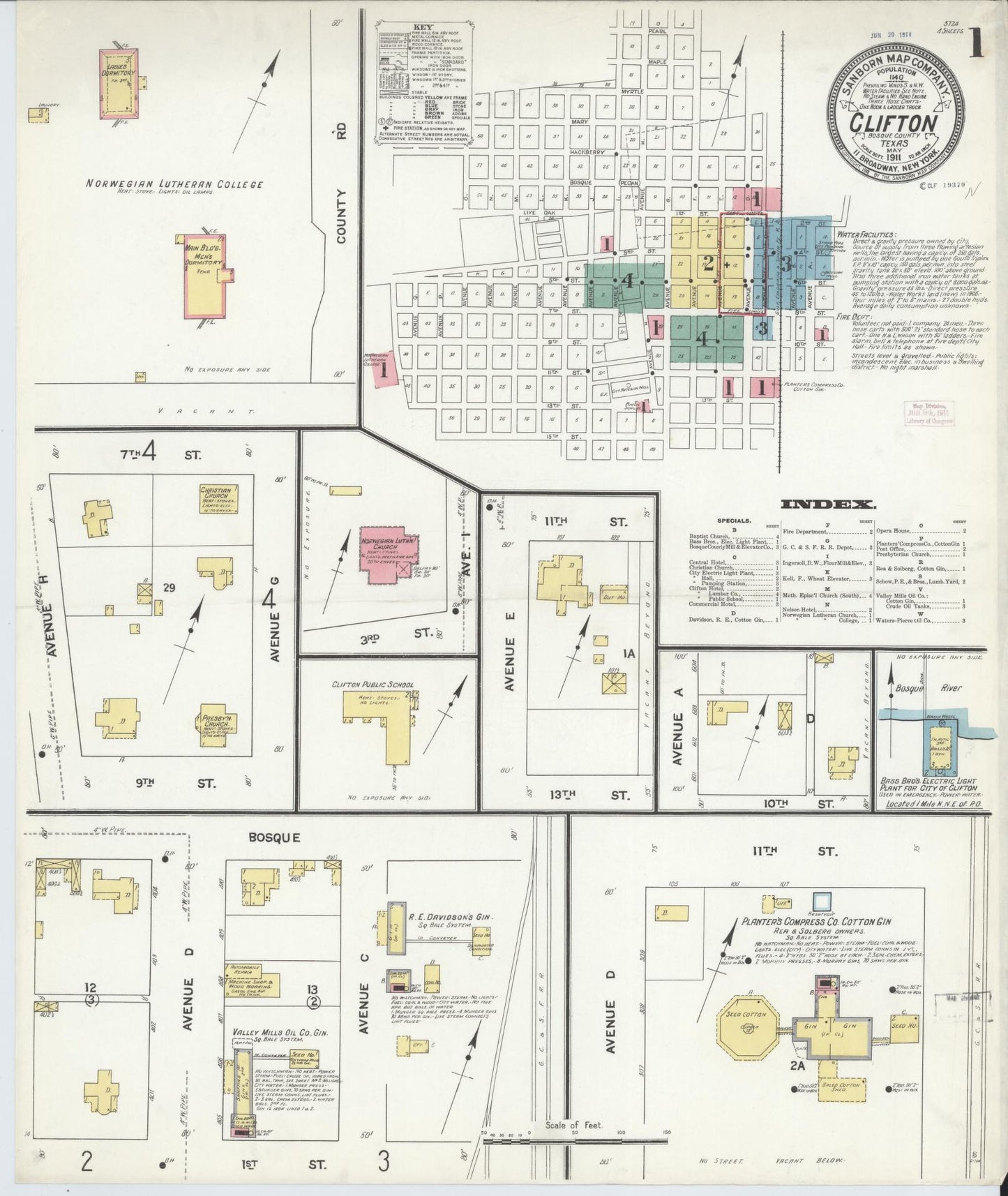 Sanborn Fire Insurance Map from Clifton, Bosque County, Texas (1911), Sheet #0001 - Historic Sanborn Fire Insurance Map Print, vintage old map wall art, antique decor, genealogy gift, Texas Texas map