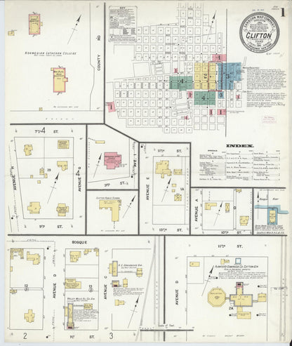 Sanborn Fire Insurance Map from Clifton, Bosque County, Texas (1911), Sheet #0001 - Historic Sanborn Fire Insurance Map Print, vintage old map wall art, antique decor, genealogy gift, Texas Texas map