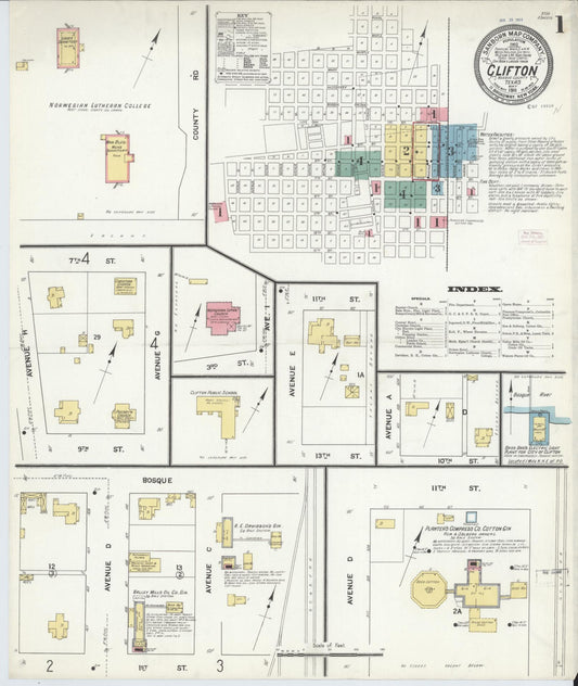 Sanborn Fire Insurance Map from Clifton, Bosque County, Texas (1911), Sheet #0001 - Historic Sanborn Fire Insurance Map Print, vintage old map wall art, antique decor, genealogy gift, Texas Texas map