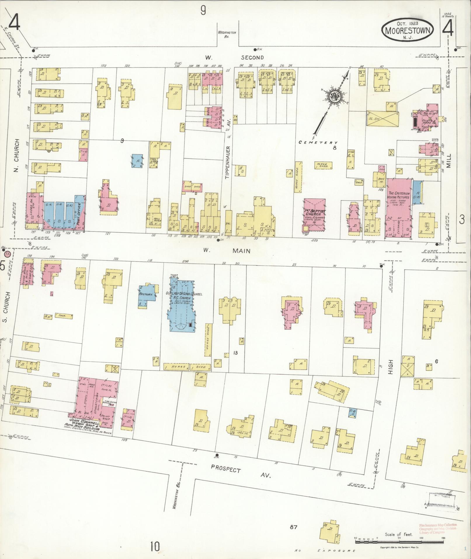 Sanborn Fire Insurance Map from Moorestown, Burlington County, New Jersey (1923), Sheet #0004 - Historic Sanborn Fire Insurance Map Print, vintage old map wall art, antique decor, genealogy gift, New Jersey New Jersey map