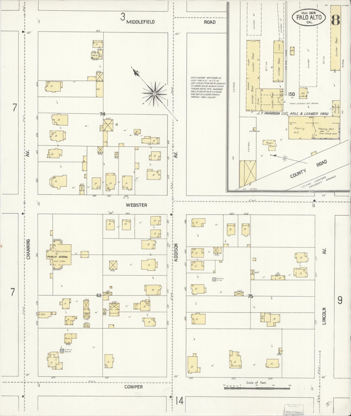 Sanborn Fire Insurance Map from Palo Alto, Santa Clara County, California (1908), Sheet #0008 - Complete Map Set gallery image, historic Sanborn map, vintage wall art, California California