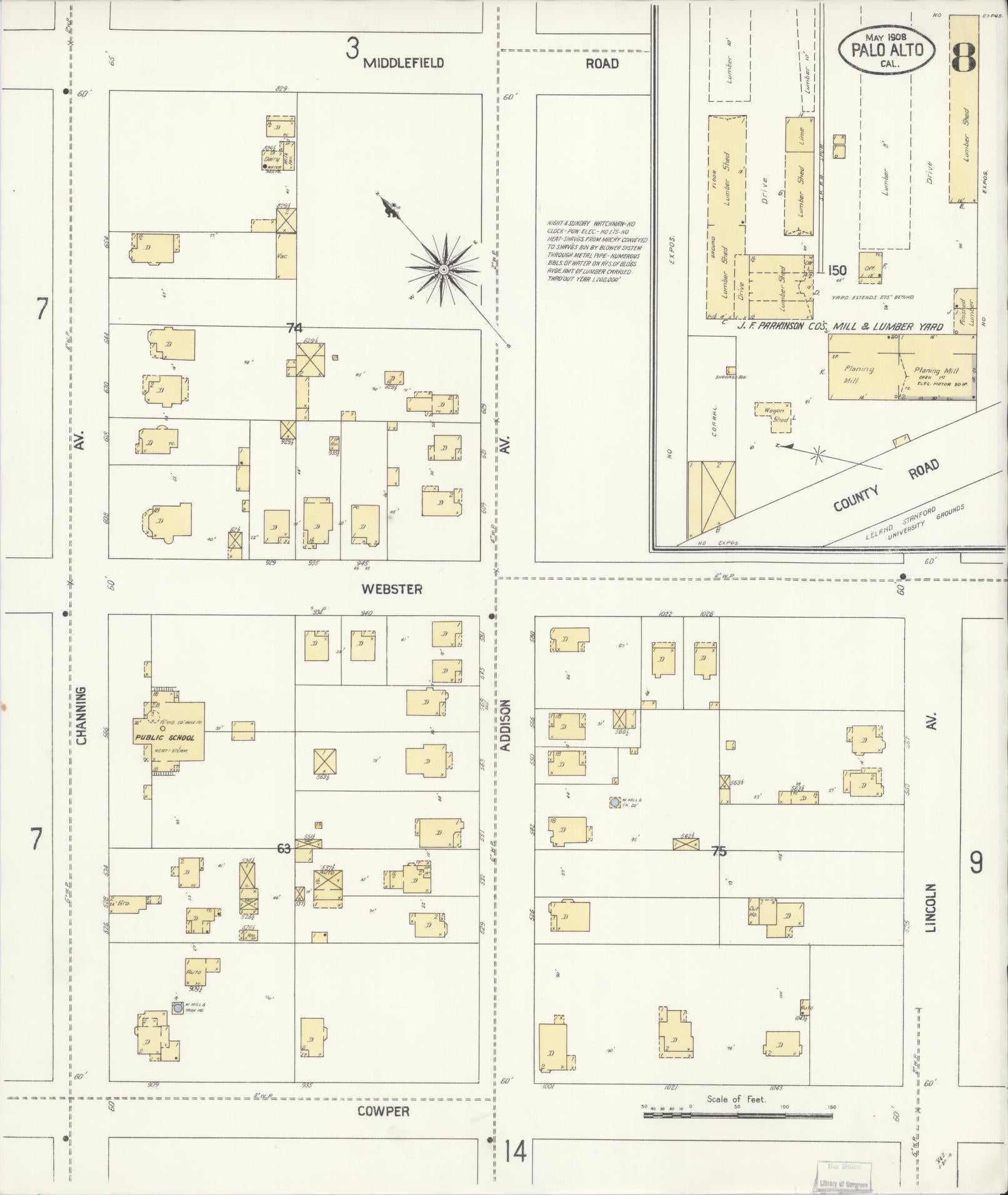 Sanborn Fire Insurance Map from Palo Alto, Santa Clara County, California (1908), Sheet #0008 - Complete Map Set gallery image, historic Sanborn map, vintage wall art, California California