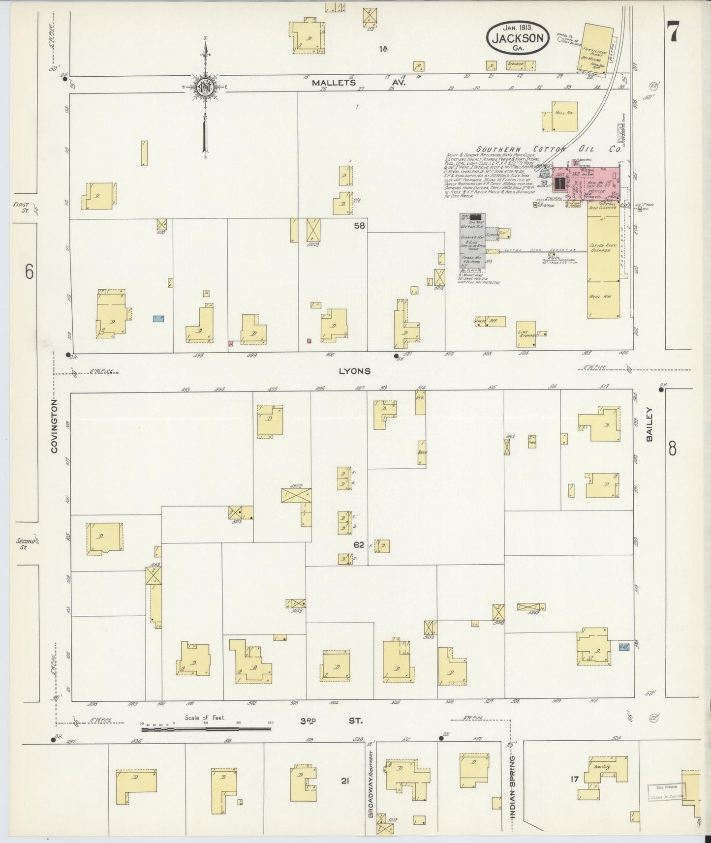 Sanborn Fire Insurance Map from Jackson, Butts County, Georgia (1913), Sheet #0007 - Historic Sanborn Fire Insurance Map Print, vintage old map wall art, antique decor, genealogy gift, Georgia Georgia map