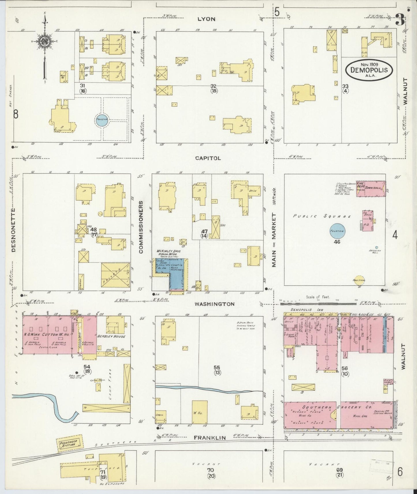 Sanborn Fire Insurance Map from Demopolis, Marengo County, Alabama (1909), Sheet #0003 - Complete Map Set gallery image, historic Sanborn map, vintage wall art, Alabama Alabama