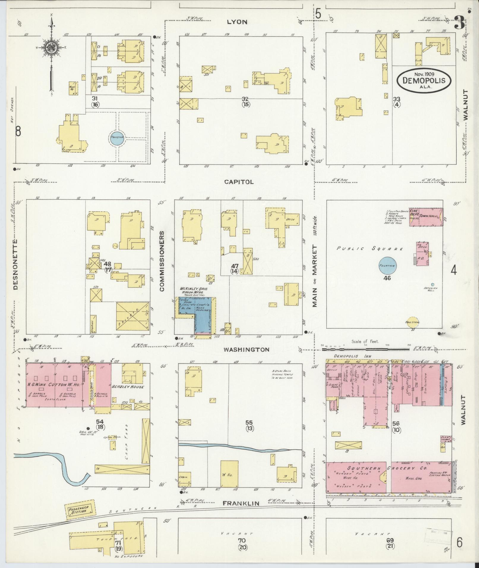 Sanborn Fire Insurance Map from Demopolis, Marengo County, Alabama (1909), Sheet #0003 - Complete Map Set gallery image, historic Sanborn map, vintage wall art, Alabama Alabama