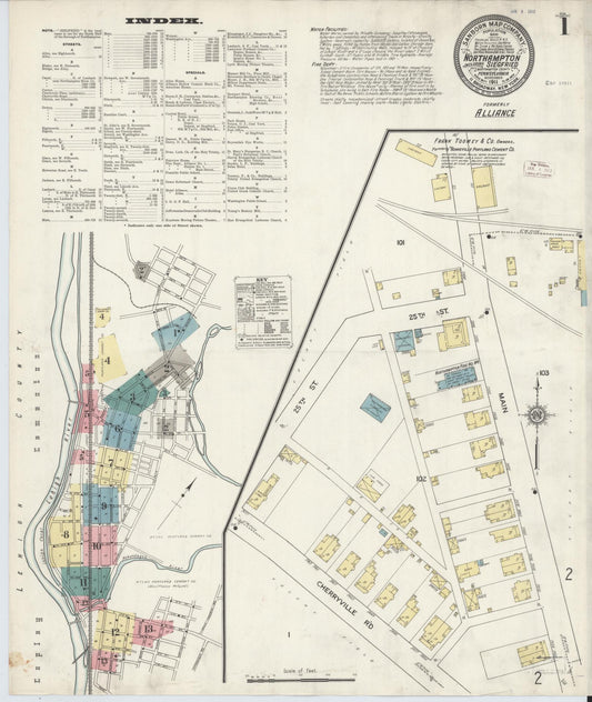 Sanborn Fire Insurance Map from Northampton, Northampton County, Pennsylvania (1911), Sheet #0001 - Historic Sanborn Fire Insurance Map Print, vintage old map wall art, antique decor, genealogy gift, Pennsylvania Pennsylvania map