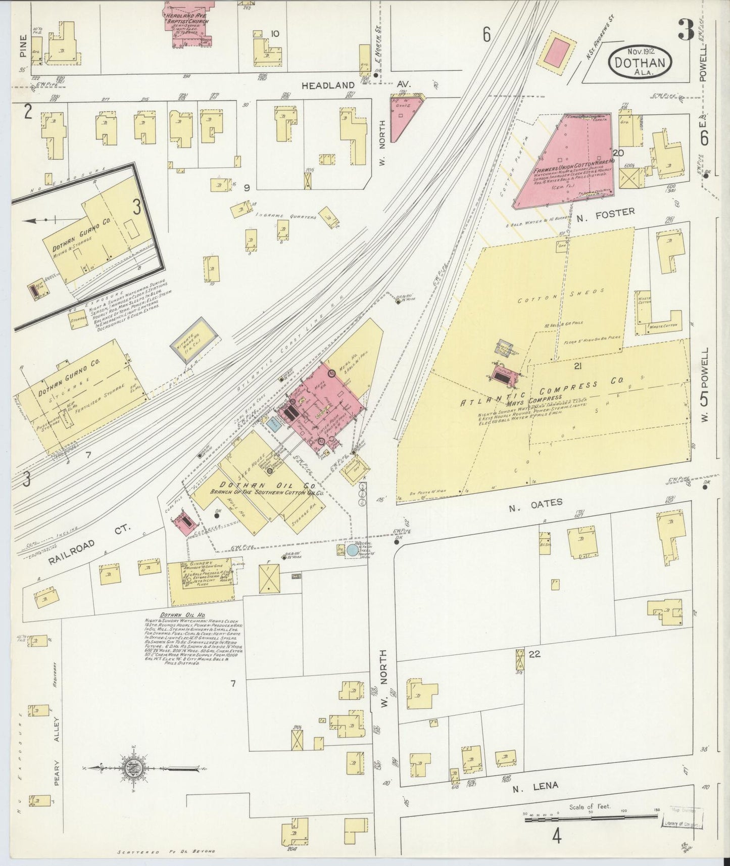 Sanborn Fire Insurance Map from Dothan, Houston County, Alabama (1912), Sheet #0003 - Complete Map Set gallery image, historic Sanborn map, vintage wall art, Alabama Alabama