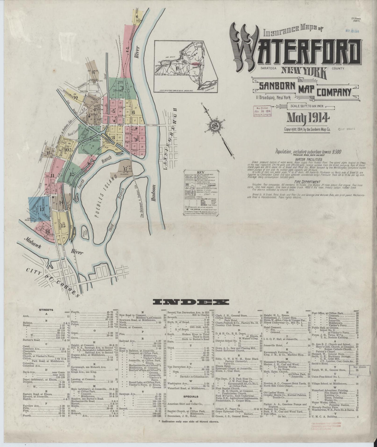Sanborn Fire Insurance Map from Waterford, Saratoga County, New York (1914), Sheet #0001 - Complete Map Set gallery image, historic Sanborn map, vintage wall art, New York New York