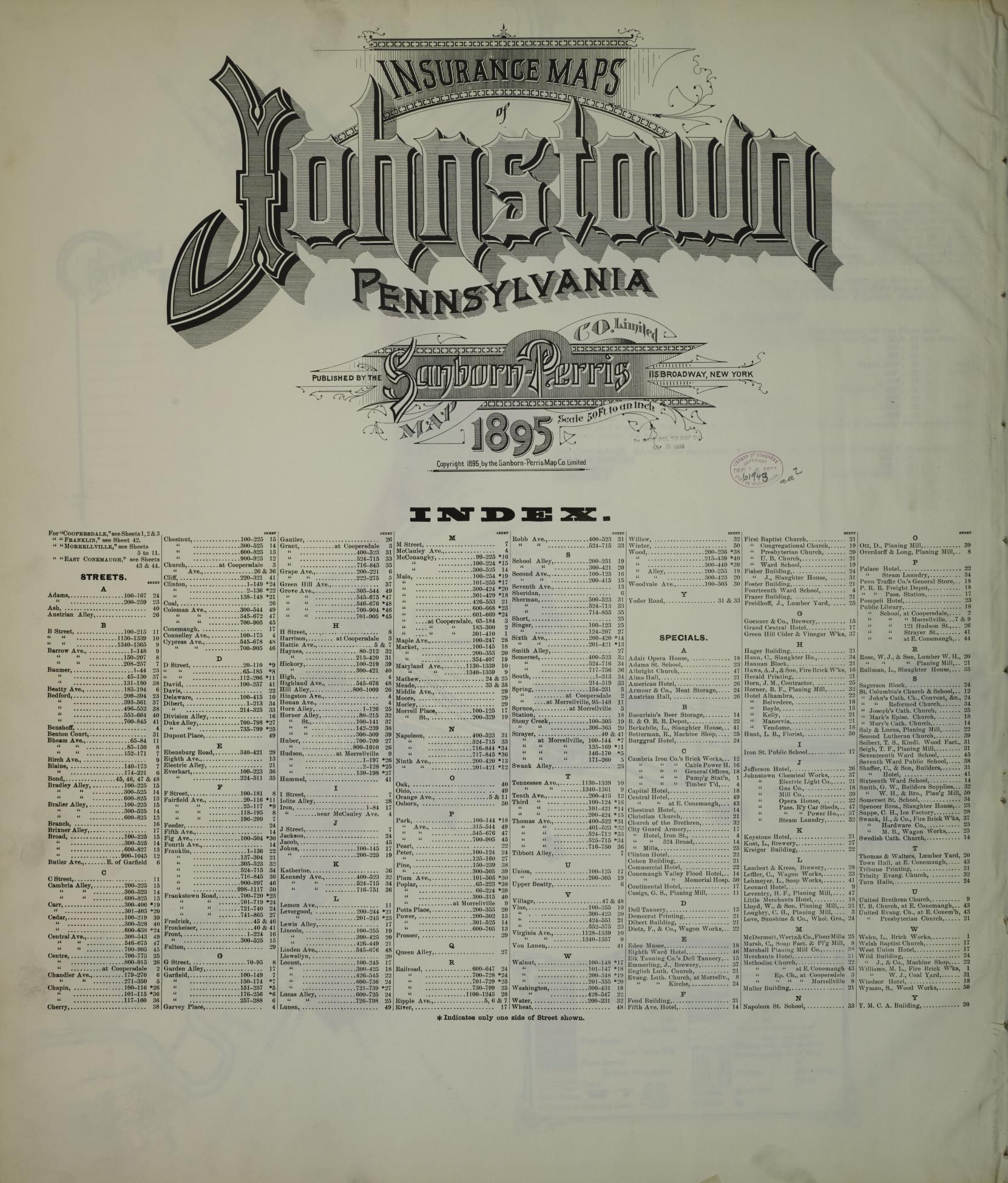 Sanborn Fire Insurance Map from Johnstown, Cambria County, Pennsylvania (1895), Sheet #0001 - Historic Sanborn Fire Insurance Map Print, vintage old map wall art, antique decor, genealogy gift, Pennsylvania Pennsylvania map