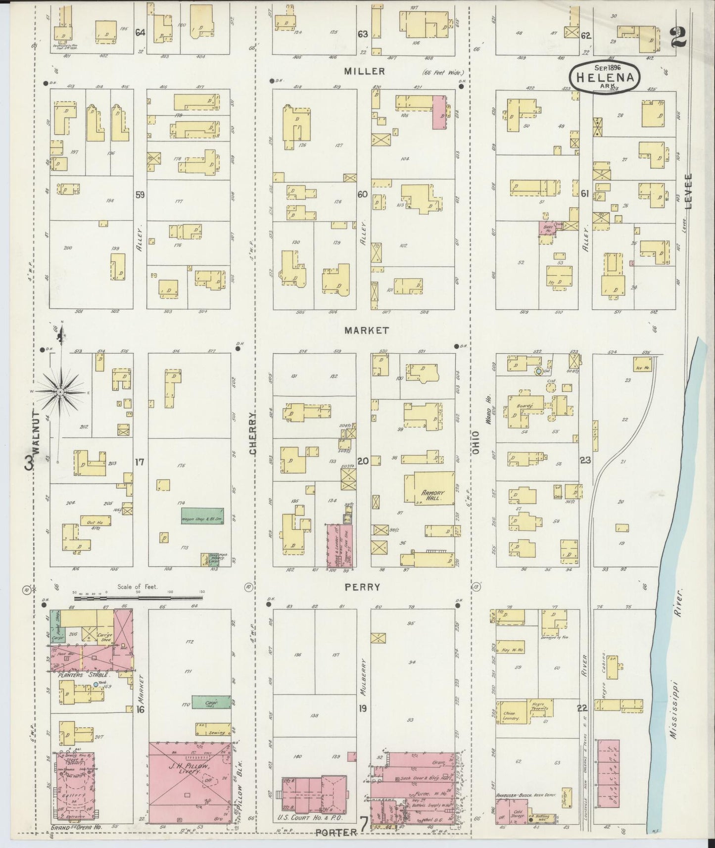 Sanborn Fire Insurance Map from Helena, Phillips County, Arkansas (1896), Sheet #0002 - Complete Map Set gallery image, historic Sanborn map, vintage wall art, Arkansas Arkansas