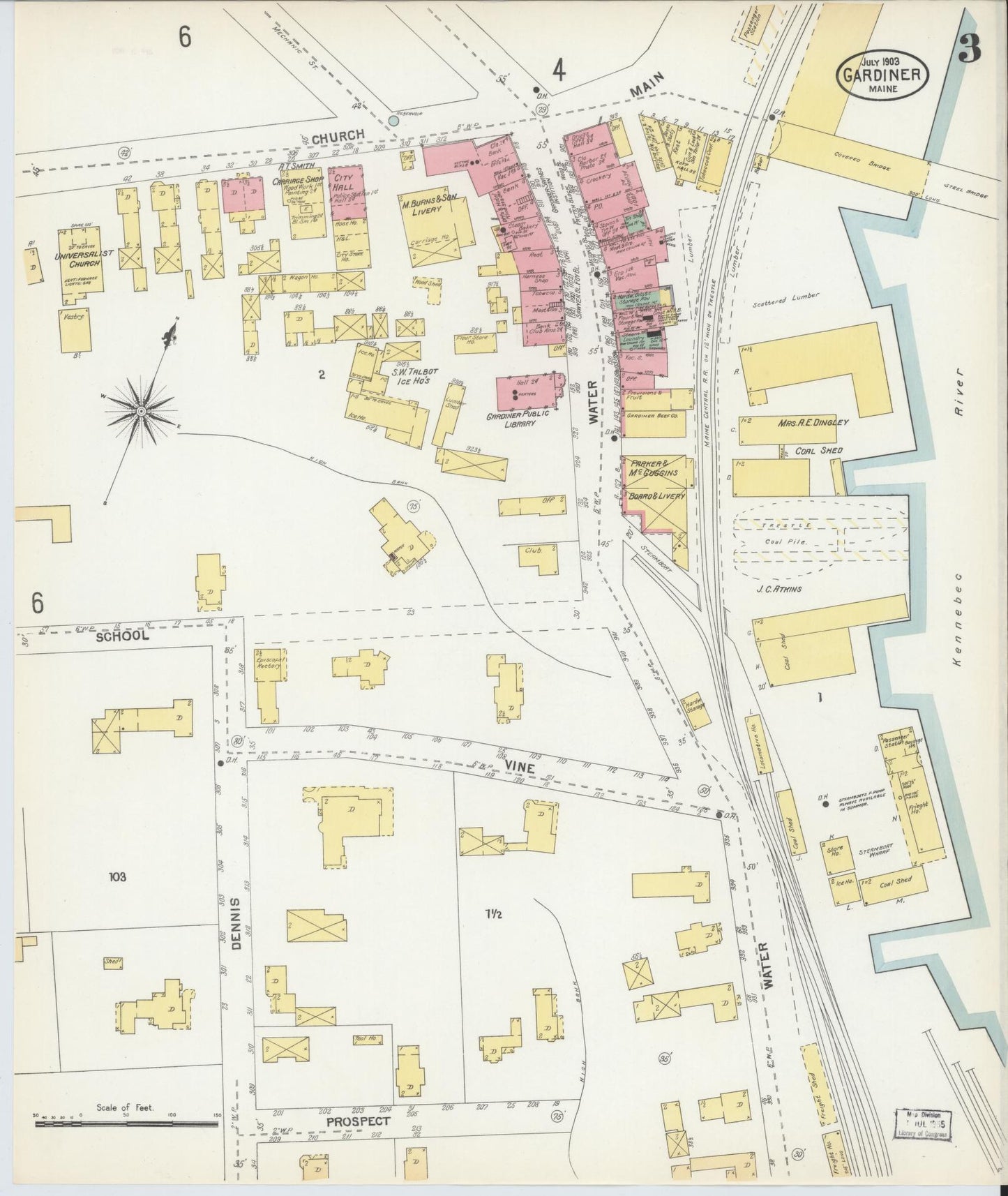Sanborn Fire Insurance Map from Gardiner, Kennebec County, Maine (1903), Sheet #0003 - Historic Sanborn Fire Insurance Map Print, vintage old map wall art, antique decor, genealogy gift, Maine Maine map