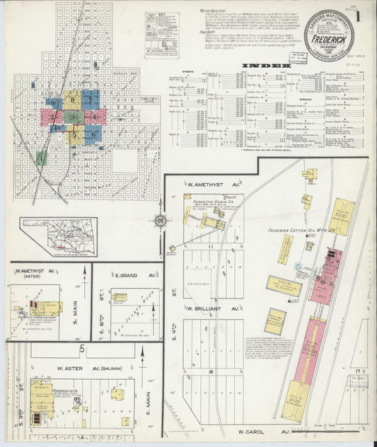 Sanborn Fire Insurance Map from Frederick, Tillman County, Oklahoma (1916), Sheet #0001 - Complete Map Set gallery image, historic Sanborn map, vintage wall art, Oklahoma Oklahoma