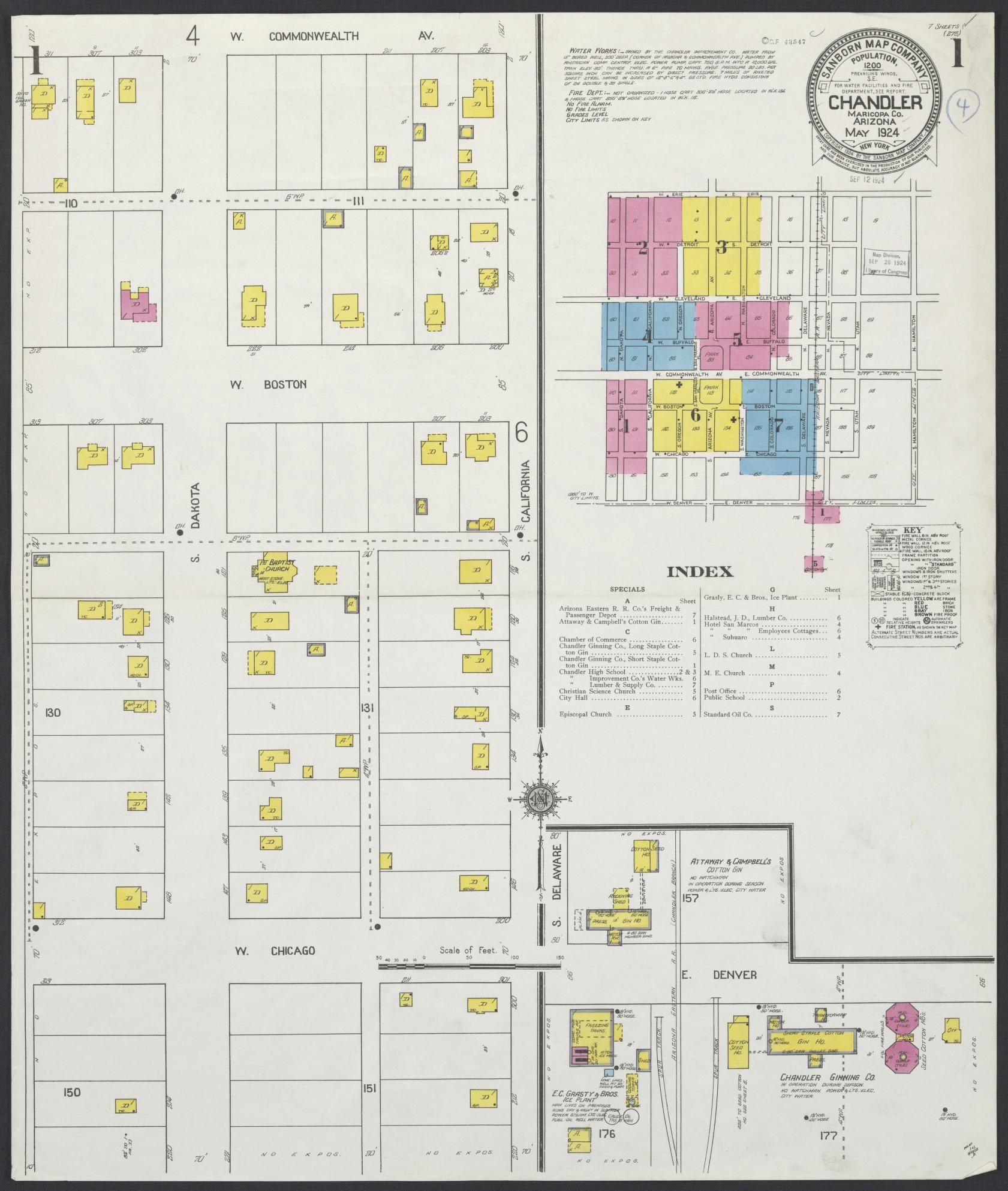 Sanborn Fire Insurance Map from Chandler, Maricopa County, Arizona (1924), Sheet #0001 - Complete Map Set gallery image, historic Sanborn map, vintage wall art, Arizona Arizona