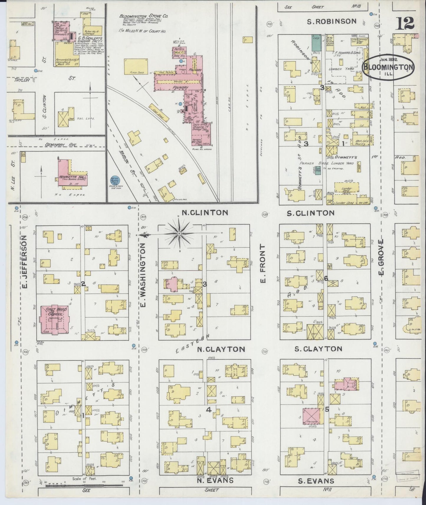Sanborn Fire Insurance Map from Bloomington, McLean County, Illinois (1892), Sheet #0012 - Complete Map Set gallery image, historic Sanborn map, vintage wall art, Illinois Illinois