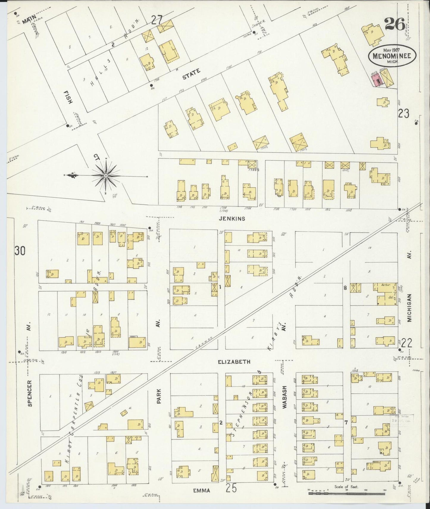 Sanborn Fire Insurance Map from Menominee, Menominee County, Michigan (1907), Sheet #0026 - Complete Map Set gallery image, historic Sanborn map, vintage wall art, Michigan Michigan