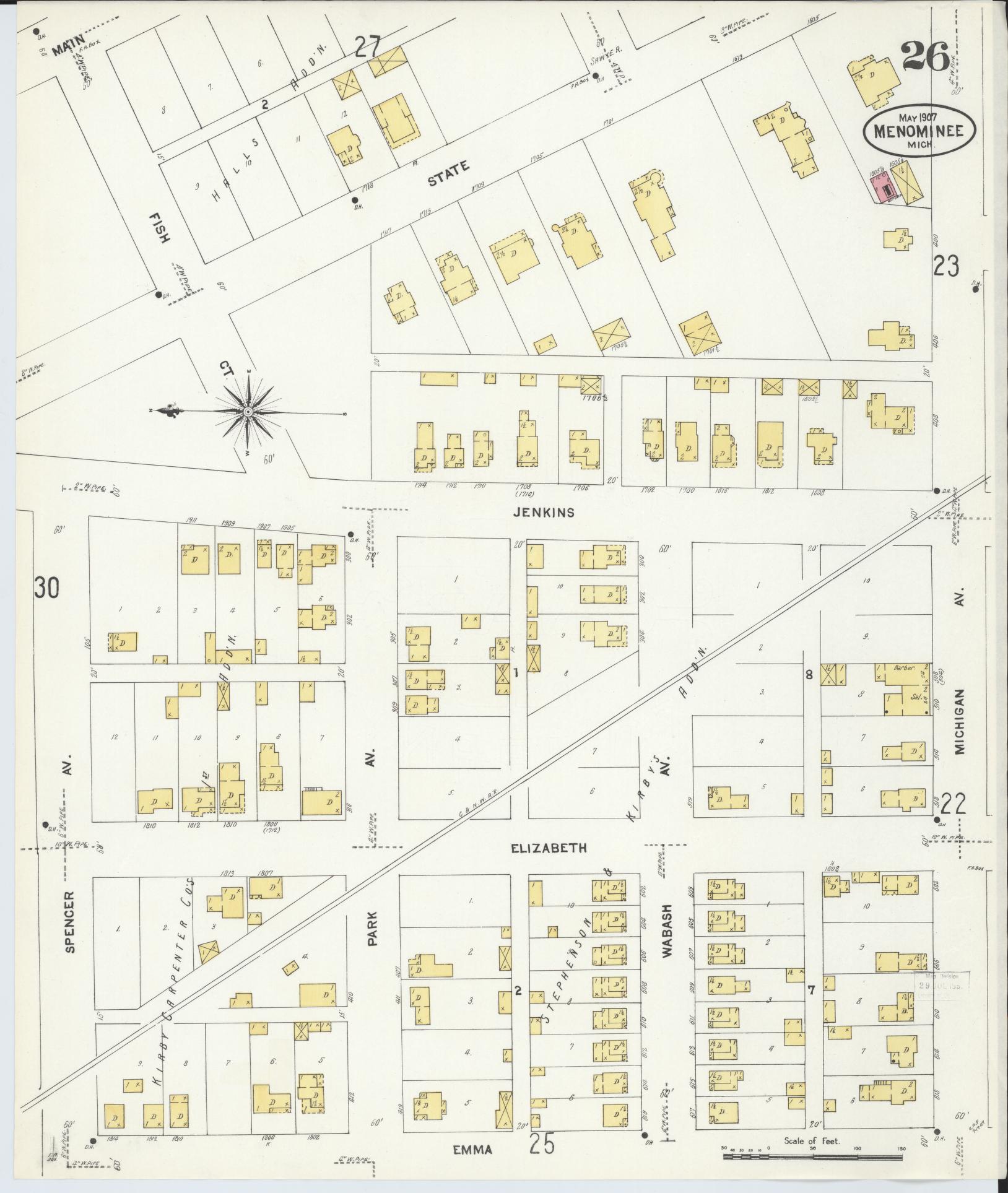 Sanborn Fire Insurance Map from Menominee, Menominee County, Michigan (1907), Sheet #0026 - Complete Map Set gallery image, historic Sanborn map, vintage wall art, Michigan Michigan