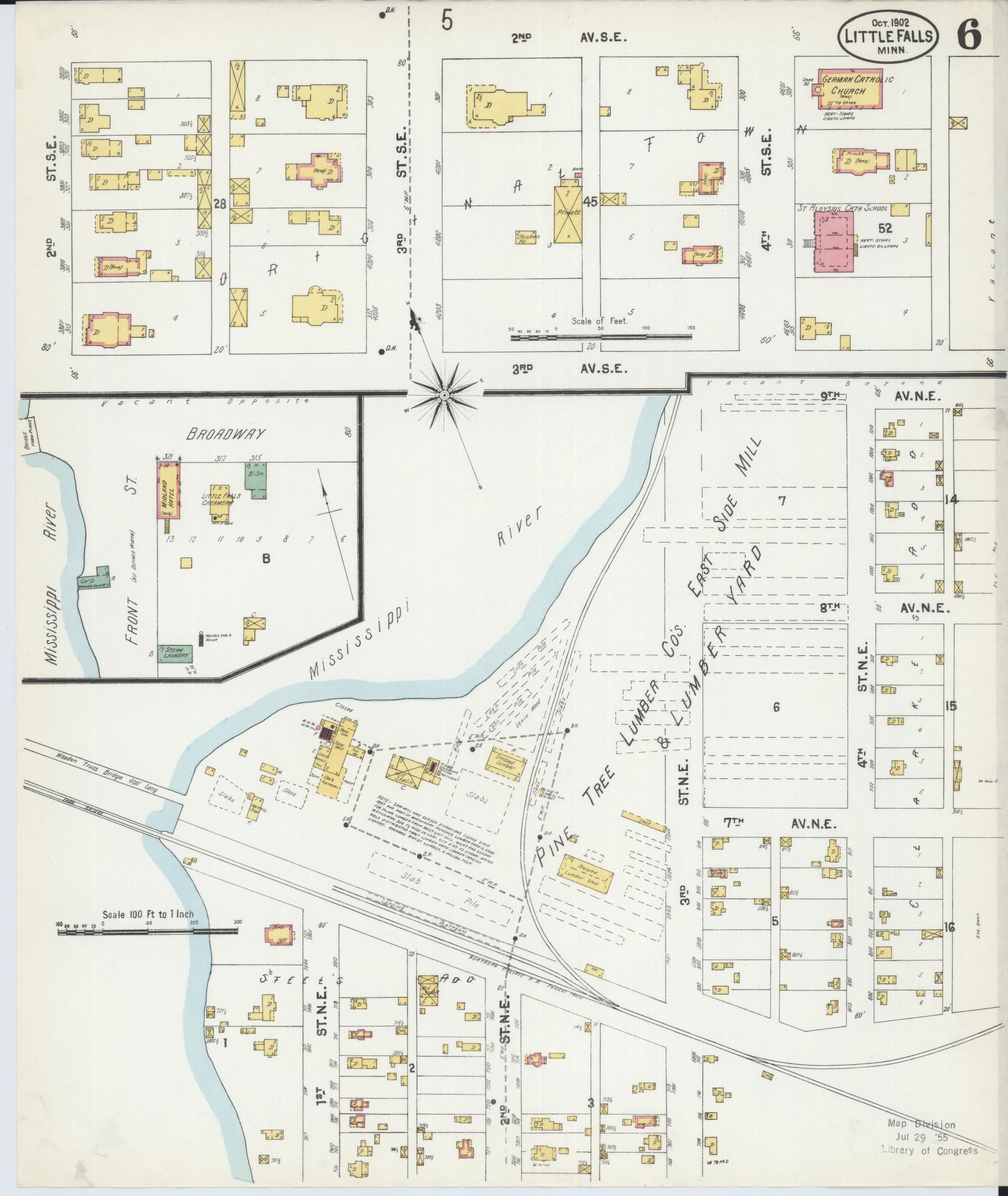 Sanborn Fire Insurance Map from Little Falls, Morrison County, Minnesota (1902), Sheet #0006 - Historic Sanborn Fire Insurance Map Print, vintage old map wall art, antique decor, genealogy gift, Minnesota Minnesota map