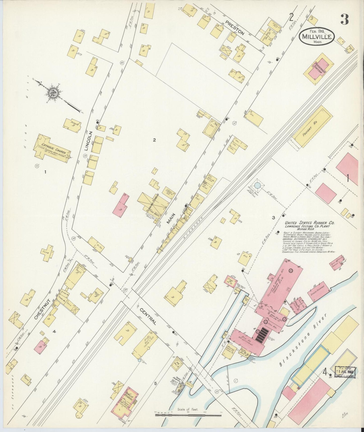 Sanborn Fire Insurance Map from Millville, Worcester County, Massachusetts (1913), Sheet #0003 - Historic Sanborn Fire Insurance Map Print, vintage old map wall art, antique decor, genealogy gift, Massachusetts Massachusetts map