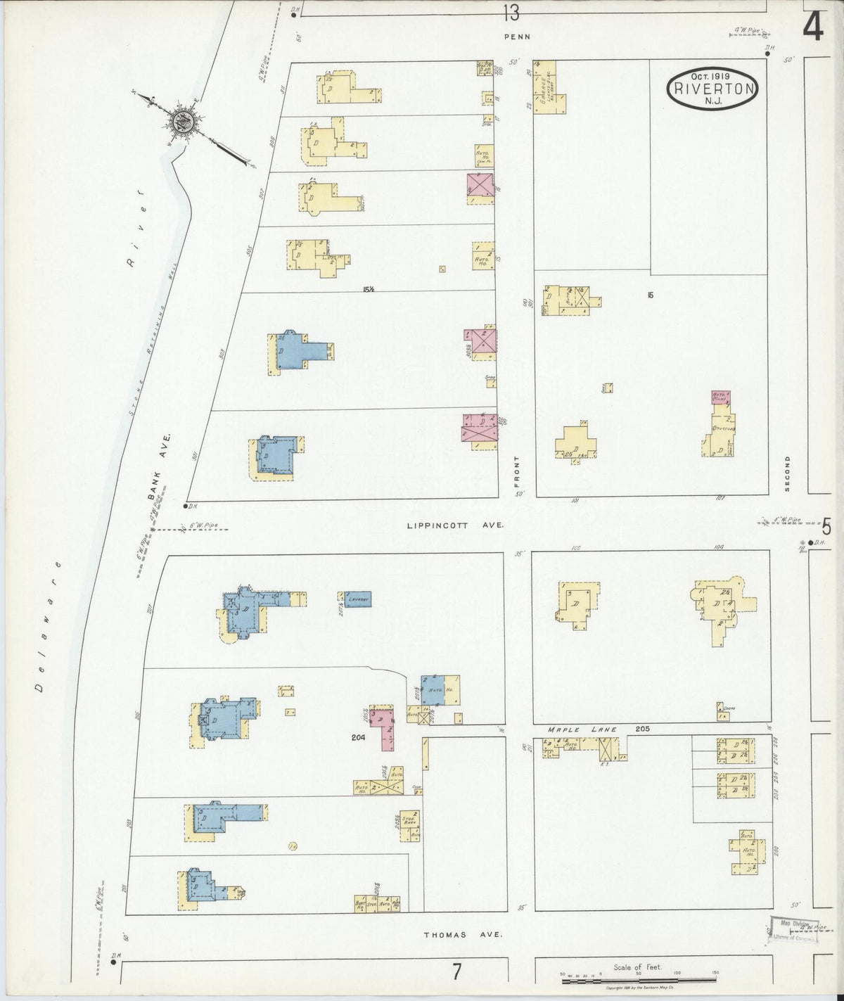 Sanborn Fire Insurance Map from Riverton, Burlington County, New Jersey (1919), Sheet #0004 - Complete Map Set gallery image, historic Sanborn map, vintage wall art, New Jersey New Jersey