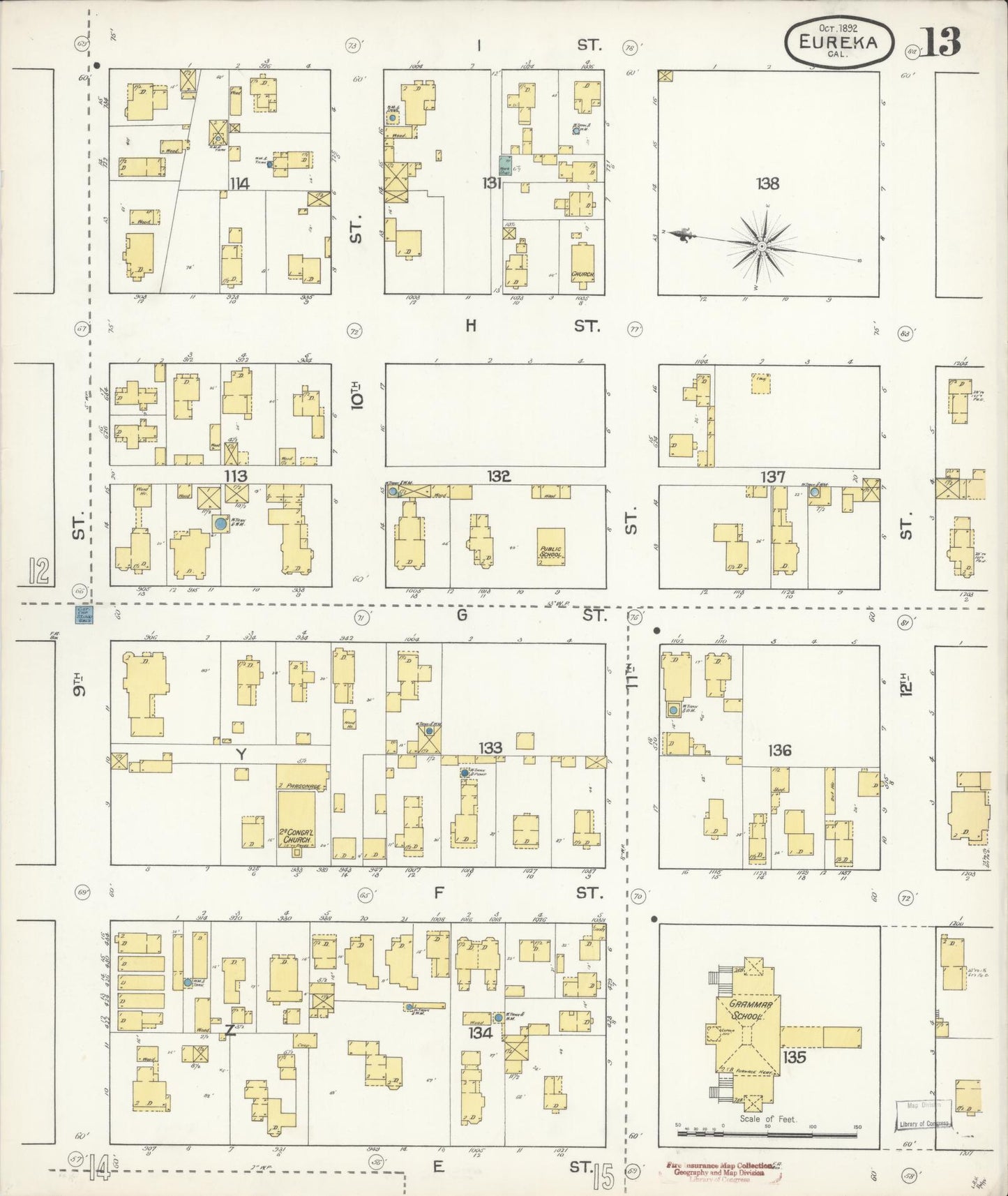 Sanborn Fire Insurance Map from Eureka, Humboldt County, California (1892), Sheet #0013 - Historic Sanborn Fire Insurance Map Print, vintage old map wall art, antique decor, genealogy gift, California California map