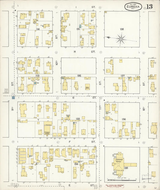 Sanborn Fire Insurance Map from Eureka, Humboldt County, California (1892), Sheet #0013 - Historic Sanborn Fire Insurance Map Print, vintage old map wall art, antique decor, genealogy gift, California California map