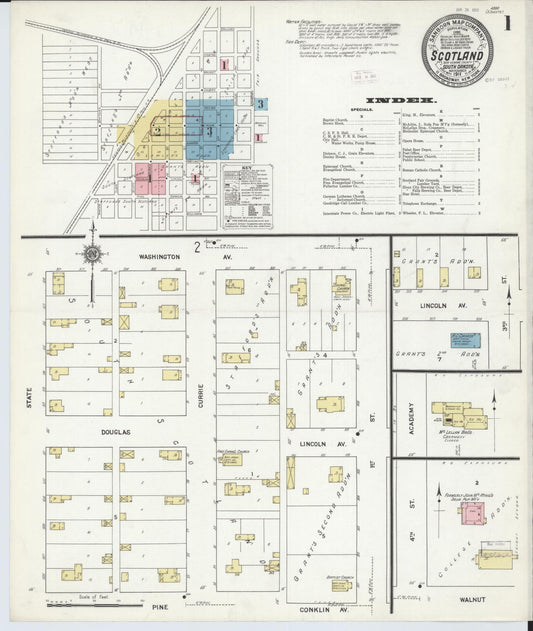 Sanborn Fire Insurance Map from Scotland, Bon Homme County, South Dakota (1911), Sheet #0001 - Historic Sanborn Fire Insurance Map Print, vintage old map wall art, antique decor, genealogy gift, South Dakota South Dakota map