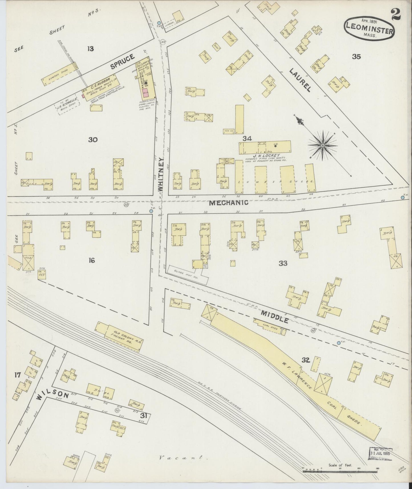 Sanborn Fire Insurance Map from Leominster, Worcester County, Massachusetts (1891), Sheet #0002 - Historic Sanborn Fire Insurance Map Print, vintage old map wall art, antique decor, genealogy gift, Massachusetts Massachusetts map