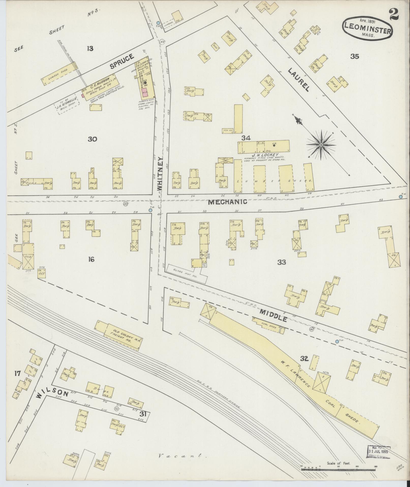 Sanborn Fire Insurance Map from Leominster, Worcester County, Massachusetts (1891), Sheet #0002 - Historic Sanborn Fire Insurance Map Print, vintage old map wall art, antique decor, genealogy gift, Massachusetts Massachusetts map