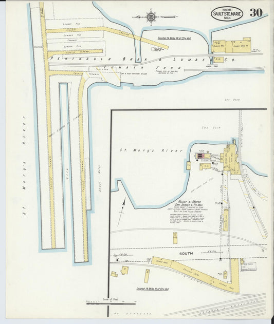 Sanborn Fire Insurance Map from Sault Sainte Marie, Chippewa County, Michigan (1915), Sheet #0030 - Historic Sanborn Fire Insurance Map Print, vintage old map wall art, antique decor, genealogy gift, Michigan Michigan map
