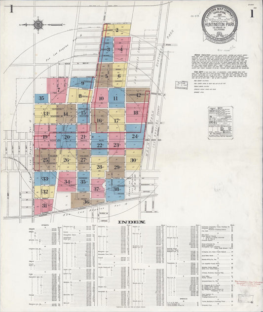 Sanborn Fire Insurance Map from Huntington Park, Los Angeles County, California (1924), Sheet #0001 - Historic Sanborn Fire Insurance Map Print, vintage old map wall art, antique decor, genealogy gift, California California map