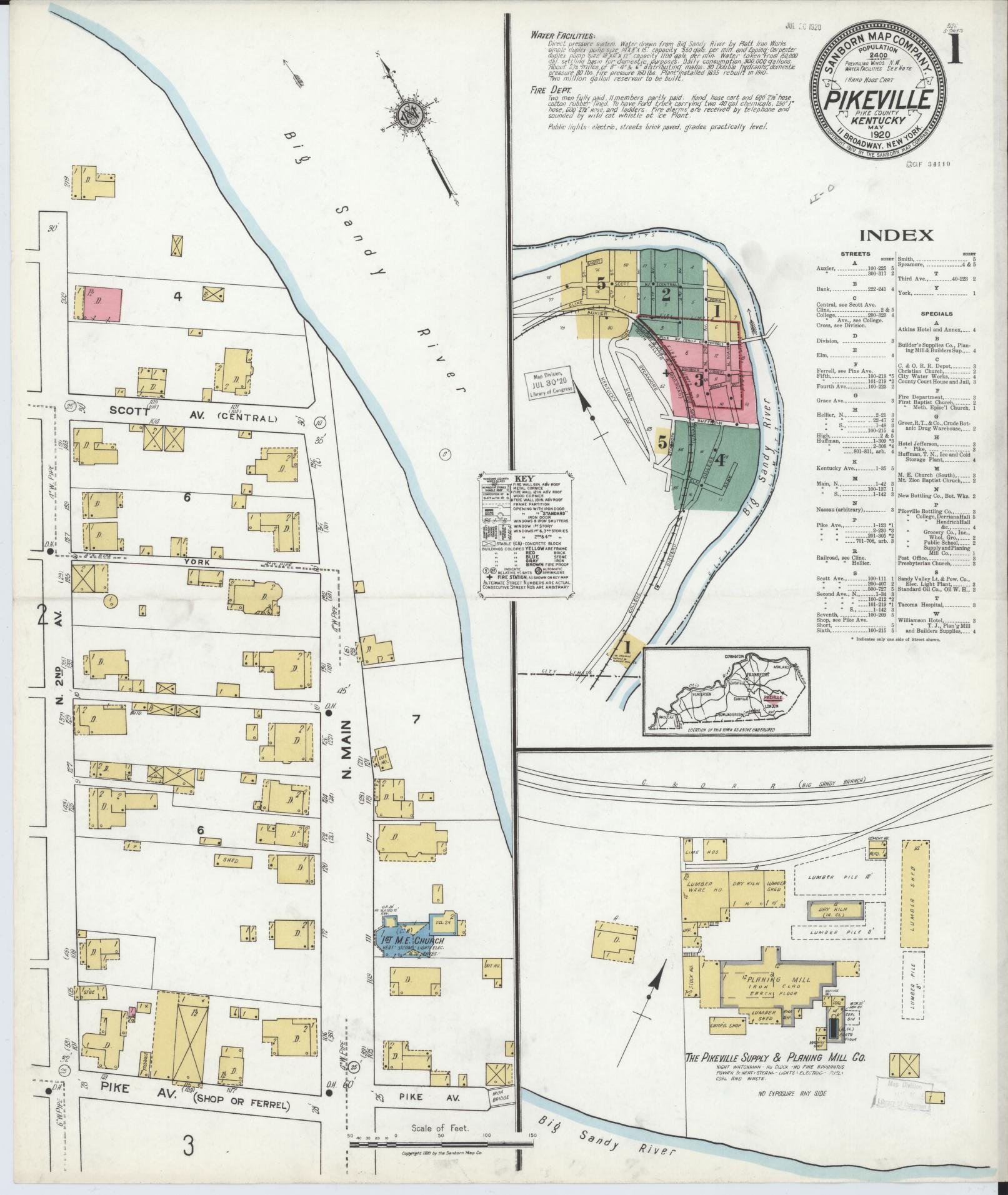 Sanborn Fire Insurance Map from Pikeville, Pike County, Kentucky (1920), Sheet #0001 - Complete Map Set gallery image, historic Sanborn map, vintage wall art, Kentucky Kentucky