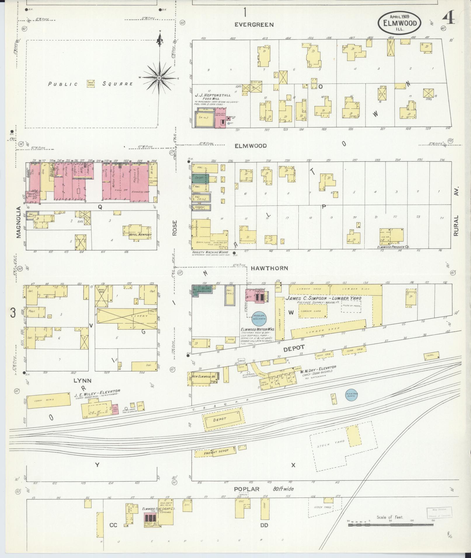 Sanborn Fire Insurance Map from Elmwood, Peoria County, Illinois (1909), Sheet #0004 - Complete Map Set gallery image, historic Sanborn map, vintage wall art, Illinois Illinois