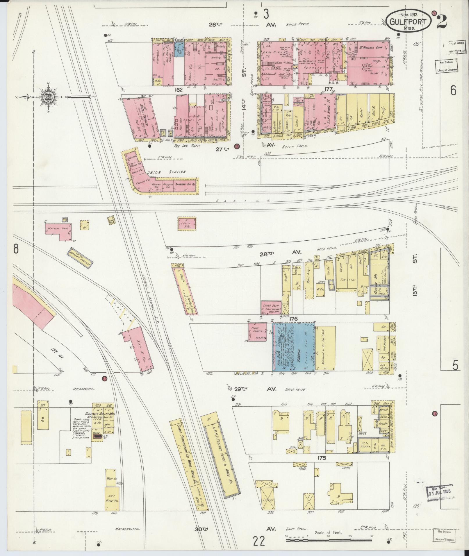Sanborn Fire Insurance Map from Gulfport, Harrison County, Mississippi (1912), Sheet #0002 - Historic Sanborn Fire Insurance Map Print, vintage old map wall art, antique decor, genealogy gift, Mississippi Mississippi map