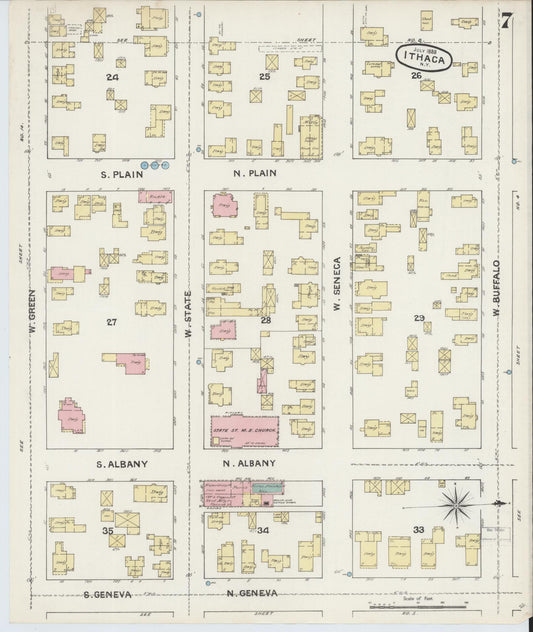 Sanborn Fire Insurance Map from Ithaca, Tompkins County, New York (1888), Sheet #0007 - Historic Sanborn Fire Insurance Map Print, vintage old map wall art, antique decor, genealogy gift, New York New York map