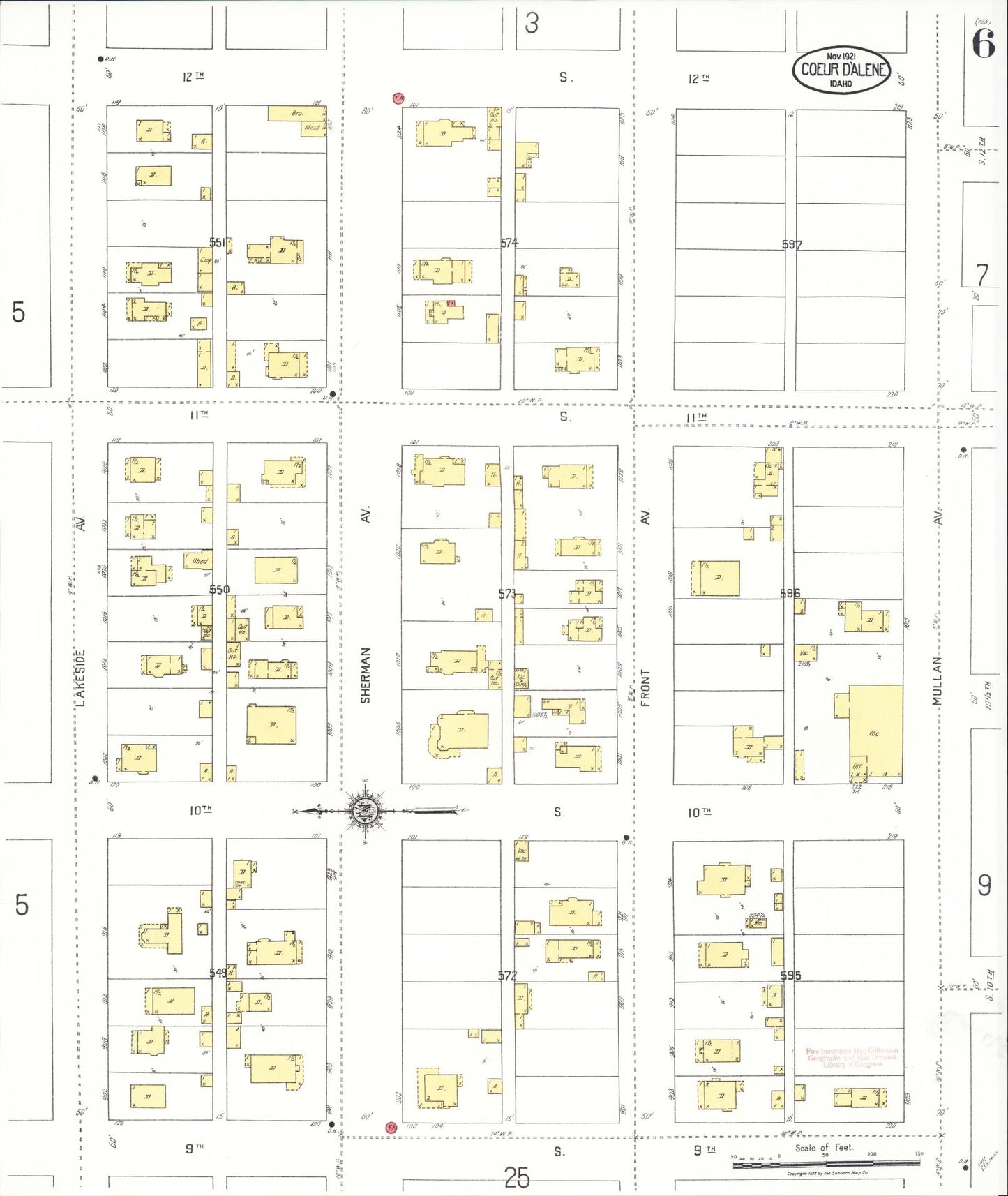 Sanborn Fire Insurance Map from Coeur D'alene, Kootenai County, Idaho (1921), Sheet #0006 - Historic Sanborn Fire Insurance Map Print, vintage old map wall art, antique decor, genealogy gift, Idaho Idaho map