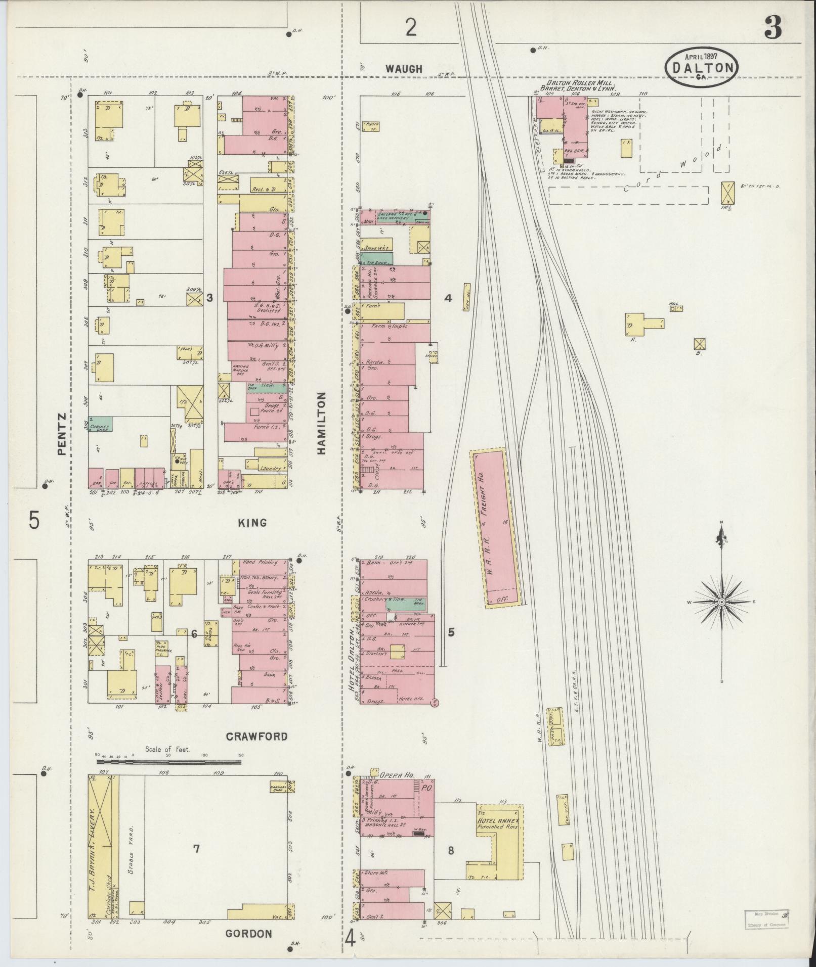 Sanborn Fire Insurance Map from Dalton, Whitfield County, Georgia (1897), Sheet #0003 - Complete Map Set gallery image, historic Sanborn map, vintage wall art, Georgia Georgia