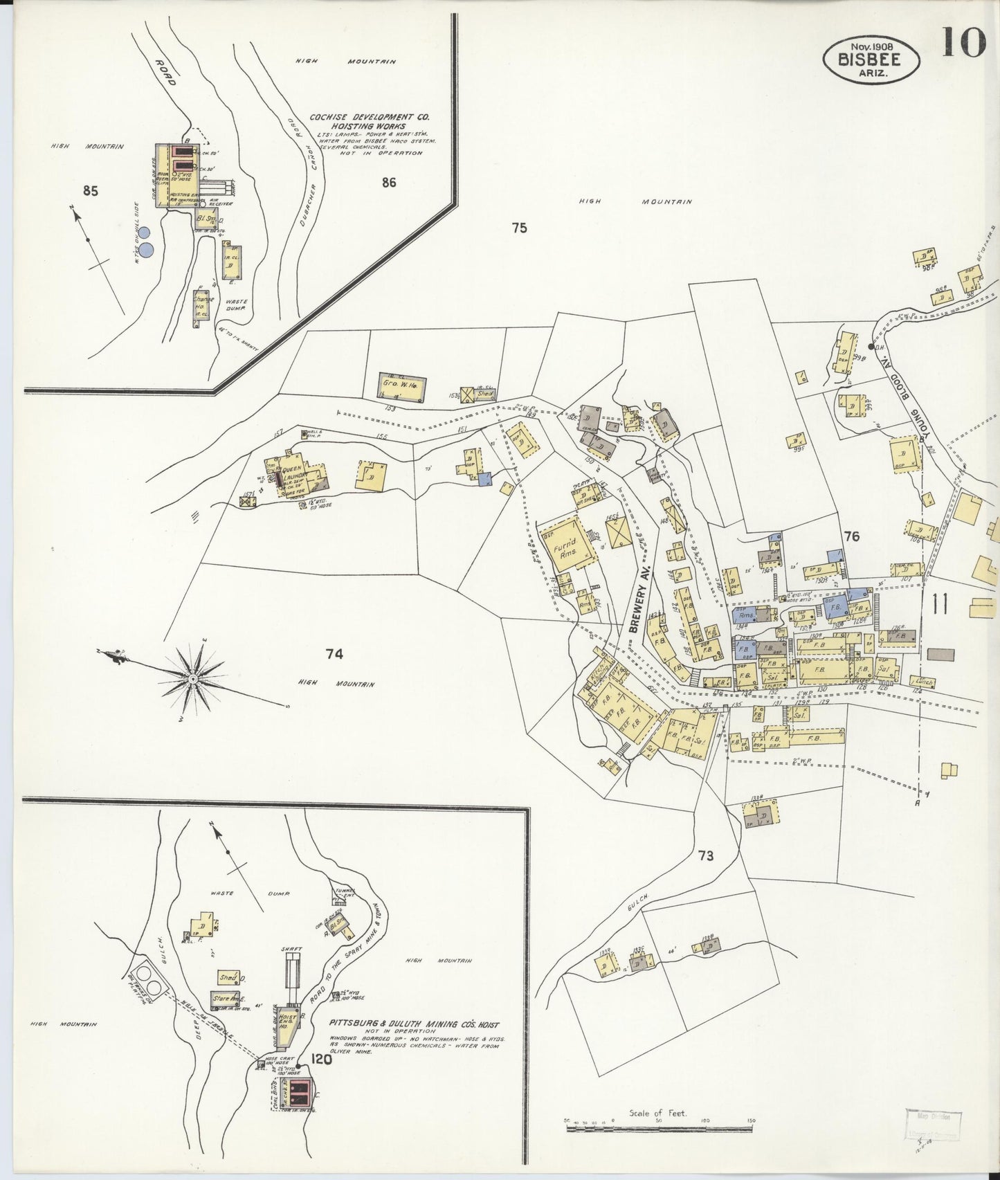 Sanborn Fire Insurance Map from Bisbee, Cochise County, Arizona (1908), Sheet #0010 - Complete Map Set gallery image, historic Sanborn map, vintage wall art, Arizona Arizona