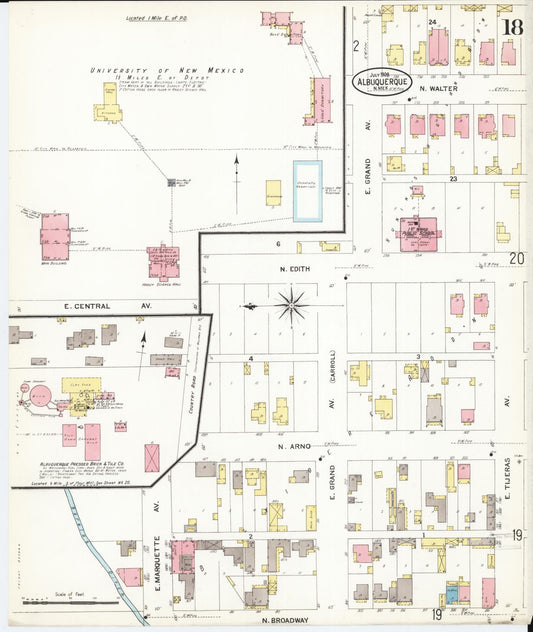 Sanborn Fire Insurance Map from Albuquerque, Bernalillo County, New Mexico (1908), Sheet #0018 - Historic Sanborn Fire Insurance Map Print, vintage old map wall art, antique decor, genealogy gift, New Mexico New Mexico map