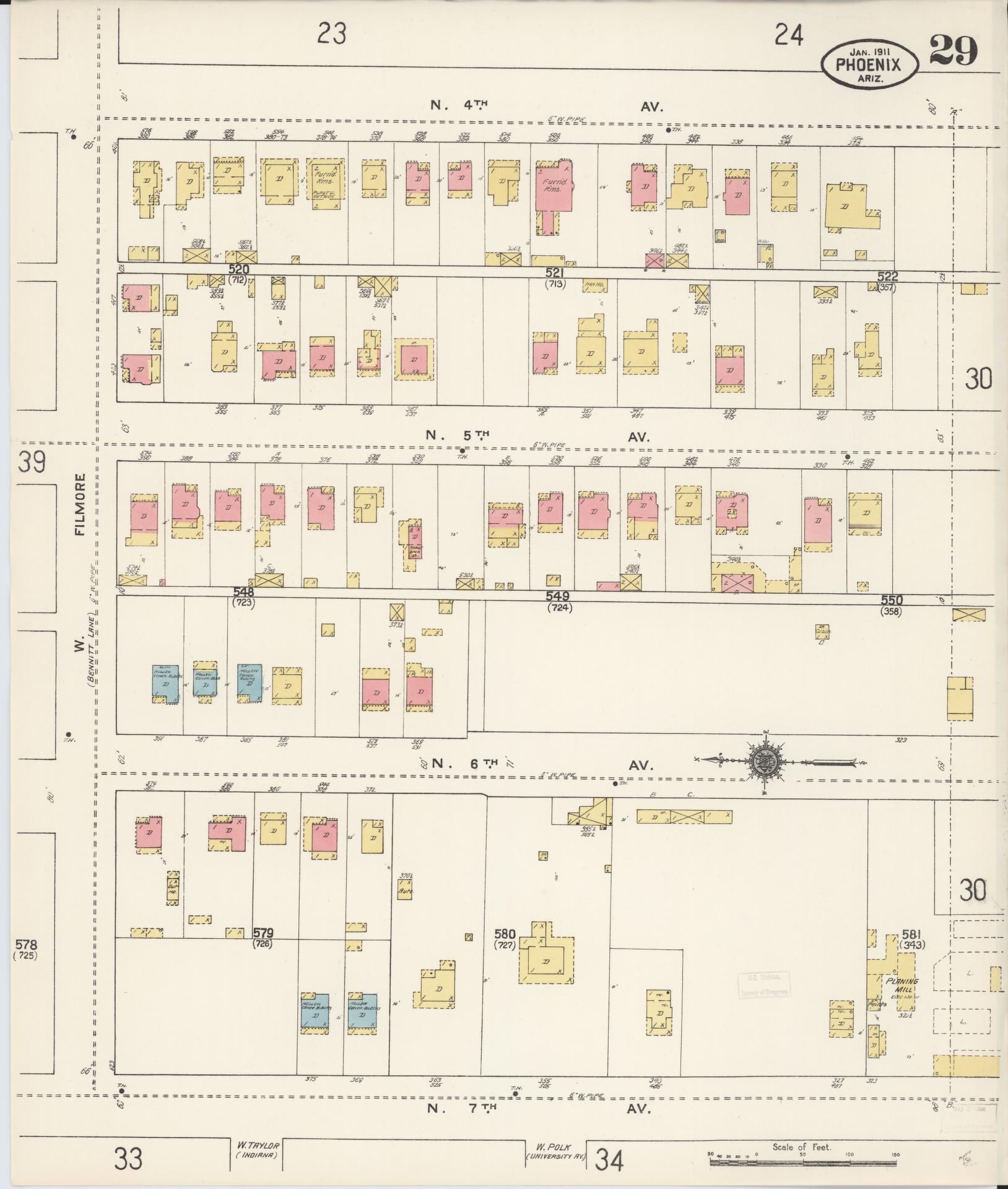 Sanborn Fire Insurance Map from Phoenix, Maricopa County, Arizona (1911), Sheet #0029 - Historic Sanborn Fire Insurance Map Print, vintage old map wall art, antique decor, genealogy gift, Arizona Arizona map