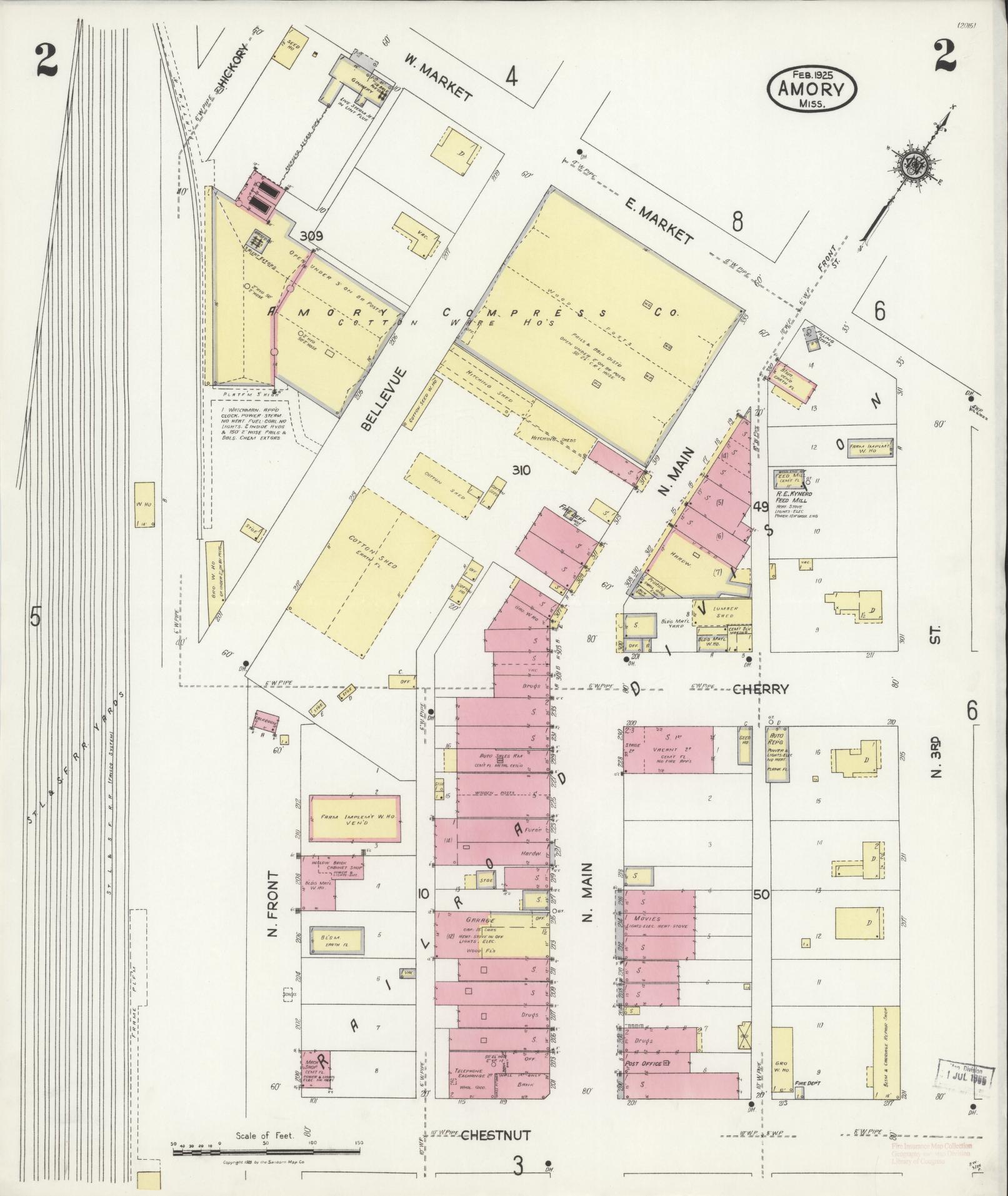 Sanborn Fire Insurance Map from Amory, Monroe County, Mississippi (1925), Sheet #0002 - Complete Map Set gallery image, historic Sanborn map, vintage wall art, Mississippi Mississippi