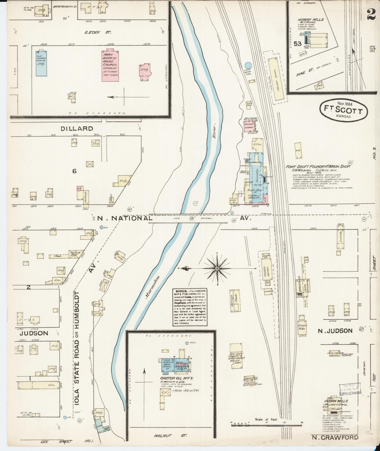 Sanborn Fire Insurance Map from Fort Scott, Bourbon County, Kansas (1884), Sheet #0002 - Complete Map Set gallery image, historic Sanborn map, vintage wall art, Kansas Kansas