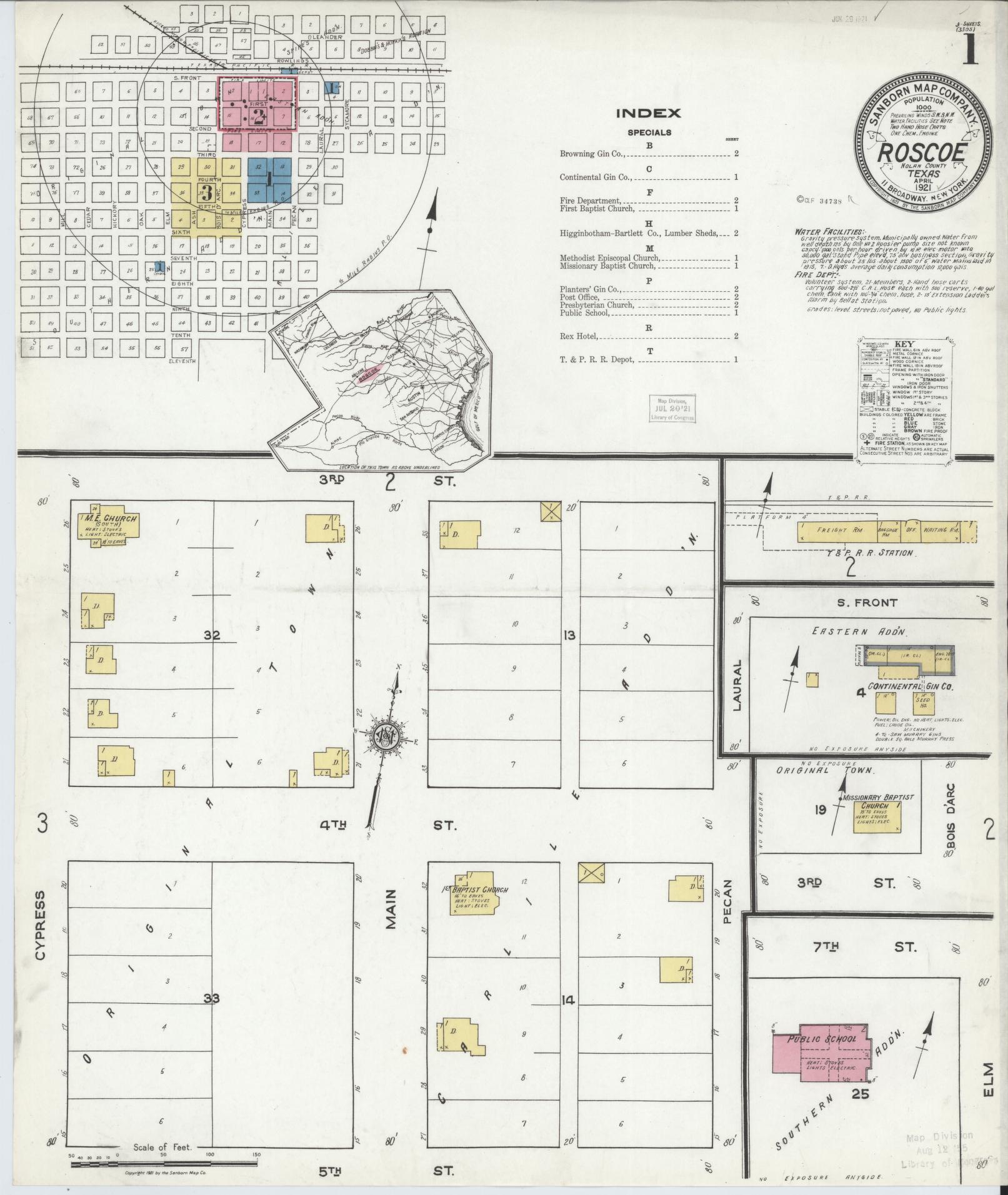 Sanborn Fire Insurance Map from Roscoe, Nolan County, Texas. (1921) – Historic Sanborn Fire Insurance Map Print
